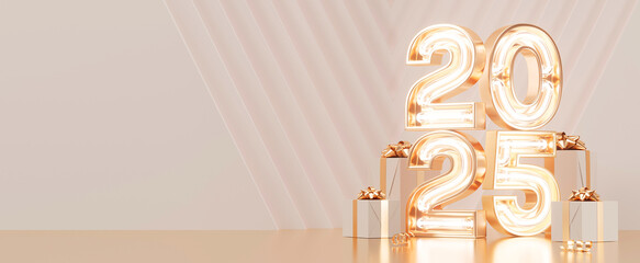 3d 2025 New Year numbers with glowing lights. Luxury greeting background. 3d illustration.
