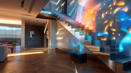 Wall Mural - a modern staircase with a sleek, metallic finish and a holographic art installation on the adjacent 