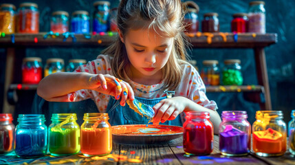 Wall Mural - Little girl that is standing in front of table with some food.