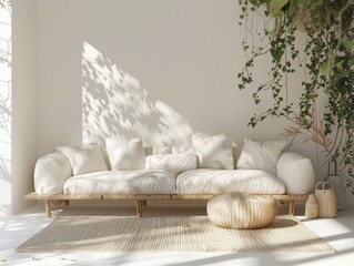 A white couch with pillows and a rug in front of a white wall. The couch is in a room with a plant and a vase