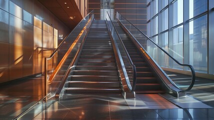 Wall Mural - a sleek staircase with a combination of polished metal steps and a warm wooden handrail