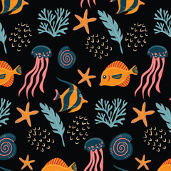 Vector seamless pattern with fish and sea animals.