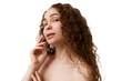 © master1305 - Attractive young woman with brown curly hair. makeup-free face, bare shoulders isolated on white background. Concept of natural beauty, skincare, wellness, cosmetology, organic cosmetics