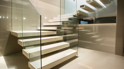 Wall Mural - a sleek staircase with a combination of glass and polished concrete steps