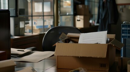 A desk with a termination letter prominently displayed, and a box filled with personal belongings ready to be taken away. The scene captures the reality of job loss in a business setting.