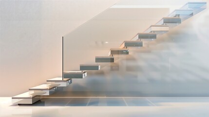 Wall Mural - a sleek staircase with glass railings and floating wooden steps in a minimalist luxury home