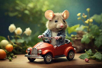Cute little mouse riding a toy car on a background of flowers