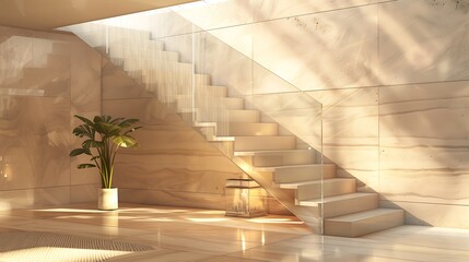 Wall Mural - a sophisticated staircase with a seamless glass balustrade and warm wood tones