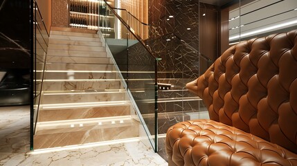 Wall Mural - a sophisticated staircase with embossed leather risers and a glass balustrade