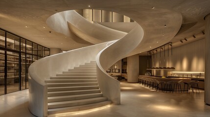 Wall Mural - a statement-making sculptural staircase in a high-end boutique hotel lobby