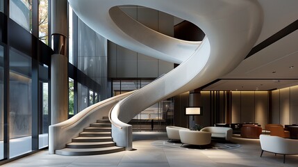 Wall Mural - a statement-making sculptural staircase in a high-end boutique hotel lobby