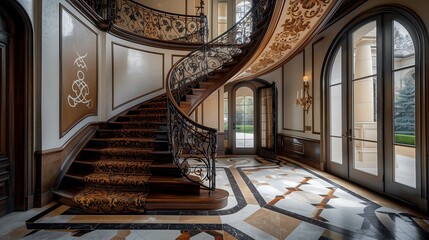 Wall Mural - an elegant spiral staircase with intricate ironwork in a grand foyer
