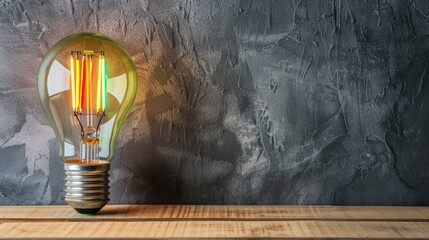 Canvas Print - Energy efficiency rating label and light bulb placed on wooden table next to gray wall inside