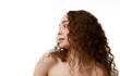 © master1305 - Portrait of young woman with long curly brown hair, well-kept smooth skin isolated on white background. Hight-quality products. Concept of natural beauty, skincare, wellness, cosmetology, cosmetics
