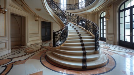 Wall Mural - an elegant spiral staircase with intricate ironwork in a grand foyer