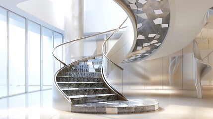 Wall Mural - artistic staircase with mosaic tile risers and a sculptural metal handrail