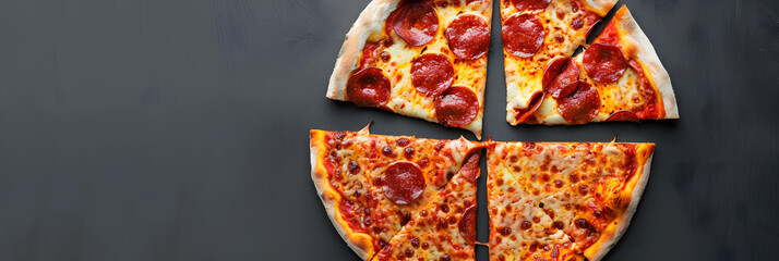 A gray background showcases a top down view of an Italian pizza split in half creating a flat lay banner that offers copy space for text