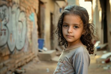 Canvas Print - Portrait of a young girl with curly hair standing in a rustic urban alley, looking at the camera