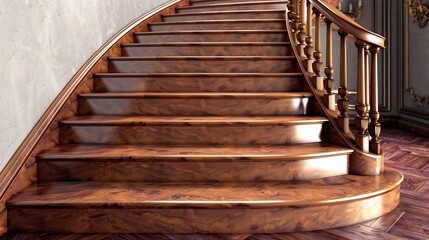 Wall Mural - elegant curved staircase with polished wood steps and a handcrafted baluster