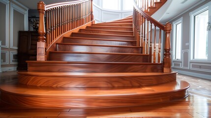 Wall Mural - elegant curved staircase with polished wood steps and a handcrafted baluster