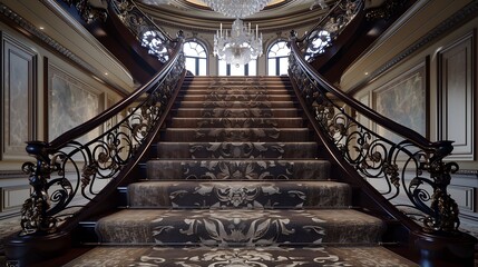Wall Mural - luxurious carpeted stairs with wrought iron railings and a crystal chandelier overhead