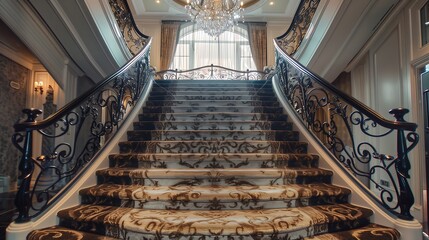 Wall Mural - luxurious carpeted stairs with wrought iron railings and a crystal chandelier overhead