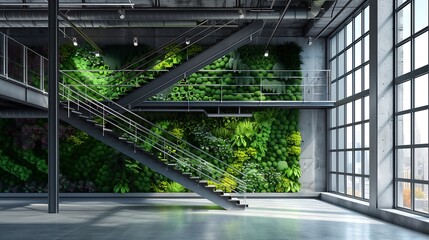 Wall Mural - modern industrial stairs with steel beams, open risers, and a vertical garden backdrop