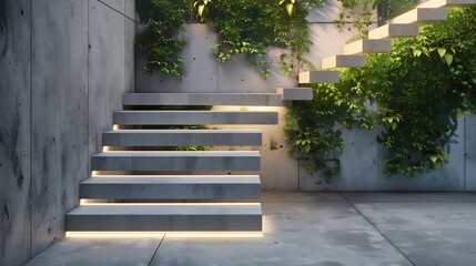 Wall Mural - minimalist concrete stairs with hidden lighting and a living green wall alongside