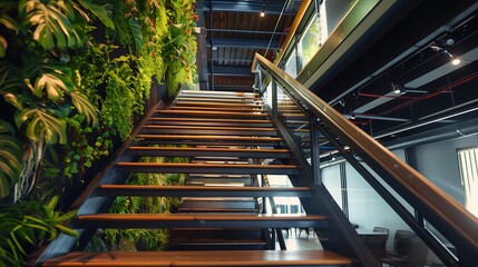 Wall Mural - modern industrial stairs with steel beams, open risers, and a vertical garden backdrop