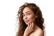 © master1305 - Portrait of beautiful young woman with curly hair, spotless wellness skin looking at camera isolated on white background. Concept of natural beauty, skincare, wellness, cosmetology, cosmetics