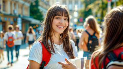 Wall Mural - Woman with red backpack and white shirt smiles at the camera.