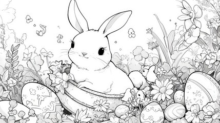 Wall Mural - Black and white cartoon 2d illustrations capturing the essence of Easter featuring a charming bunny colorful egg basket cheery chicks blossoming flowers and other festive elements perfect f