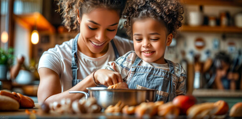 Wall Mural - Woman and little girl are preparing food in bowl together in the kitchen.