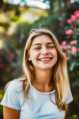 Wall Mural - Woman with long blonde hair and white shirt smiles at the camera.