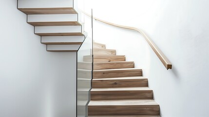 Wall Mural - zigzag wooden stairs with glass sides and a minimalist white backdrop