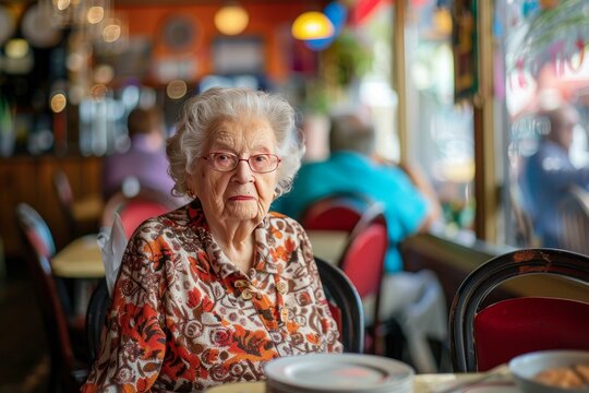 Graceful elderly woman in a vibrant blouse enjoys a meal at a cozy restaurant
