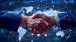 © Maxim - handshake between two people against a backdrop of a digital world map with connecting lines. It symbolizes global partnerships and collaboration, ideal for campaigns on international business