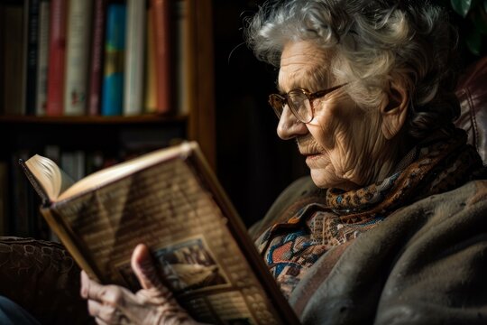 Senior woman immersed in reading a book by the window light, with a warm and nostalgic ambiance