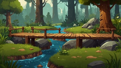 Wall Mural - 2D game scene with grassy terrain and wooden bridges for platformers. 2d style