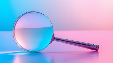 Wall Mural - minimalist neumorphism style magnifying glass on gradient purple background, research symbol
