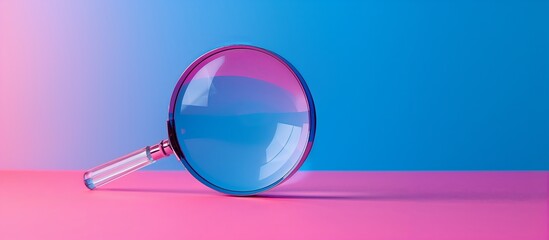 Wall Mural - minimalist neumorphism style magnifying glass on gradient purple background, research symbol