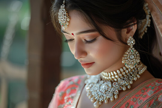 Stunning Indian bride adorned in a traditional bright pink bridal lehenga gracefully wears heavy gold jewelry.
