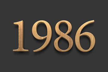 3D wooden logo of number 1986 on dark grey background.