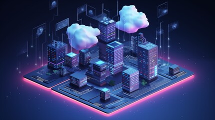 Wall Mural - Isometric 3D AI data center with cloud computing elements, vector design