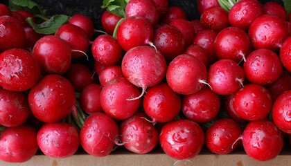 Vivid display of crisp red radishes arranged in a neat row for a fresh and appealing presentation