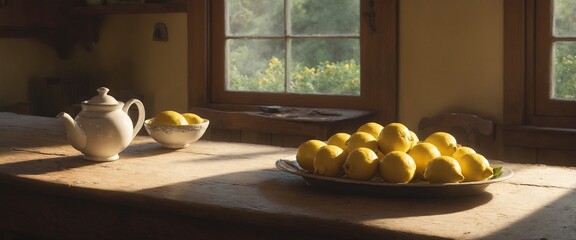 Wall Mural - Cozy rustic kitchen interior with lemon fruits on old wooden table.