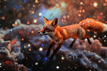 A fox is flying through space with a bright orange tail