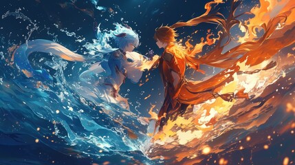 Depiction of two characters fire and water