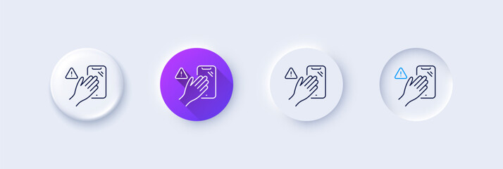 Poster - Dont touch phone line icon. Neumorphic, Purple gradient, 3d pin buttons. Hand warning sign. Hygiene notification symbol. Line icons. Neumorphic buttons with outline signs. Vector