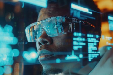 Black male programmer in an office using a transparent glass interface to code software for a digital device, with a futuristic holographic display of an app design and coding on a virtual screen